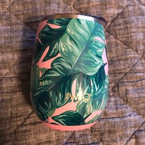 Pink Palm Leaves Swig Wine Tumbler